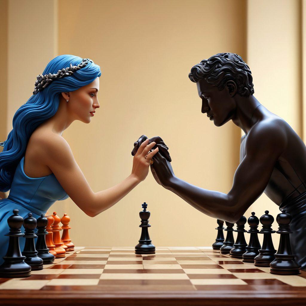 A powerful visual representing the evolution of affection to authority in same-sex relationships, showcasing intertwined hands symbolizing love and trust at the forefront, with a backdrop of contrasting symbols of dominance like chess pieces and a balanced scale. The scene should evoke emotions of complexity, intimacy, and strength. Use warm and cool color contrasts to highlight the dynamics. super-realistic. vibrant colors. 3D.