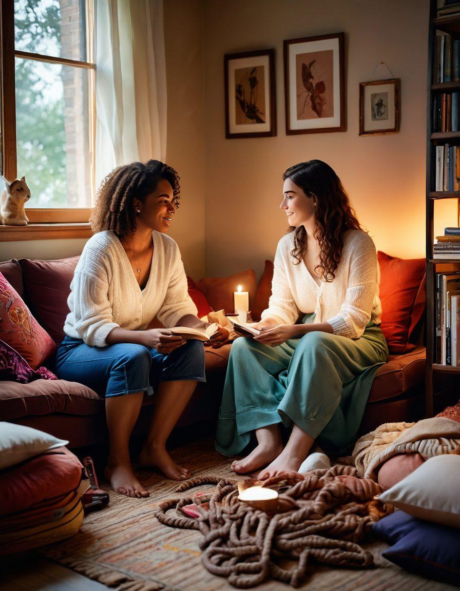 A warm and inviting scene depicting two women in a cozy, softly lit room, engaging in intimate conversation with an array of meaningful objects around them that symbolize gender roles and kink, such as colorful ropes and books on relationships. The background features soft textiles and gentle lighting to create an atmosphere of empowerment and connection. Their expressions should convey trust, understanding, and passion. painting. warm tones. soft focus.
